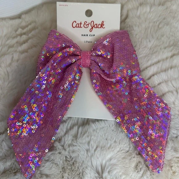 CAT & JACK PINK SEQUIN HAIR BOW CLIP - Picture 2 of 12